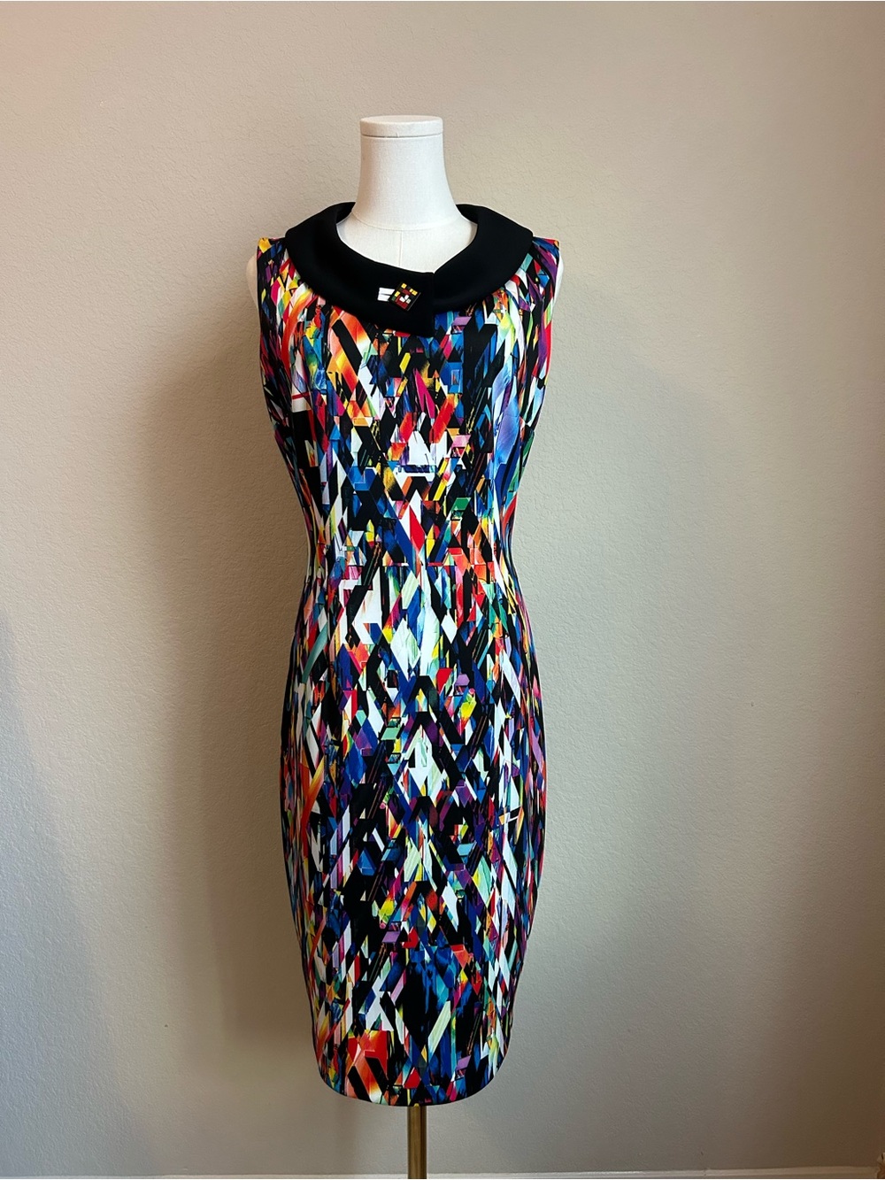 Joseph Ribkoff Multicolor Geometric Sheath Dress with Black Collar